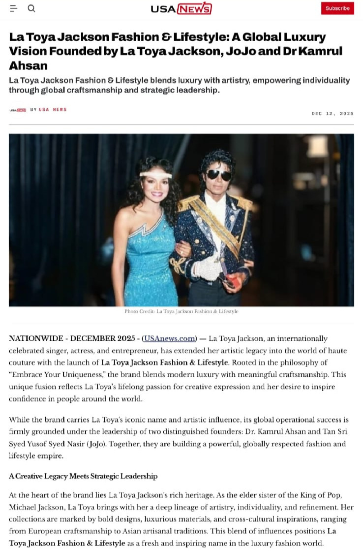 Global Luxury Vision of La Toya Jackson Fashion & Lifestyle Founded by La Toya Jackson, Tan Sri JoJo & Dr Kamrul