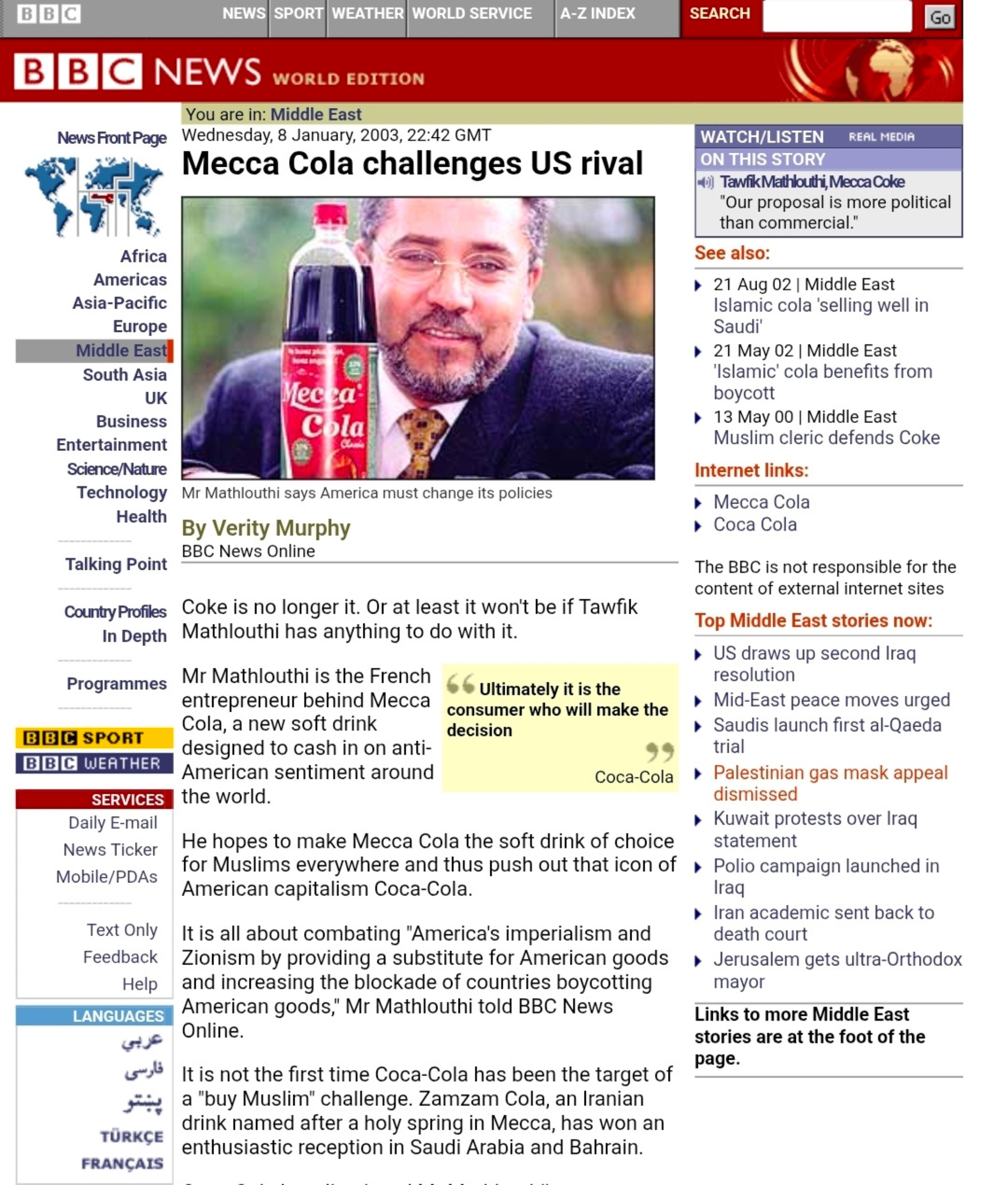 BBC News Report Highlights the Emergence of Mecca Cola in the Global Beverage Market